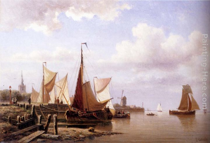 A River Estuary With Moored Fishing Pinks And Townsfolk On The Quay painting - Everhardus Koster A River Estuary With Moored Fishing Pinks And Townsfolk On The Quay art painting